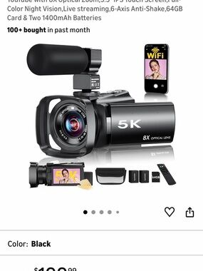 5K 8X Optical Camcorder with External Microphone - Black